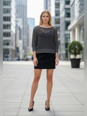 Dynamite, XS, Metallic Fishnet Knit Sweater Grey Silver Open Knit Crop Top Y2